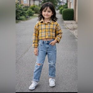 Girls Yellow Plaid Crop Shirt Long Sleeve Trendy Style